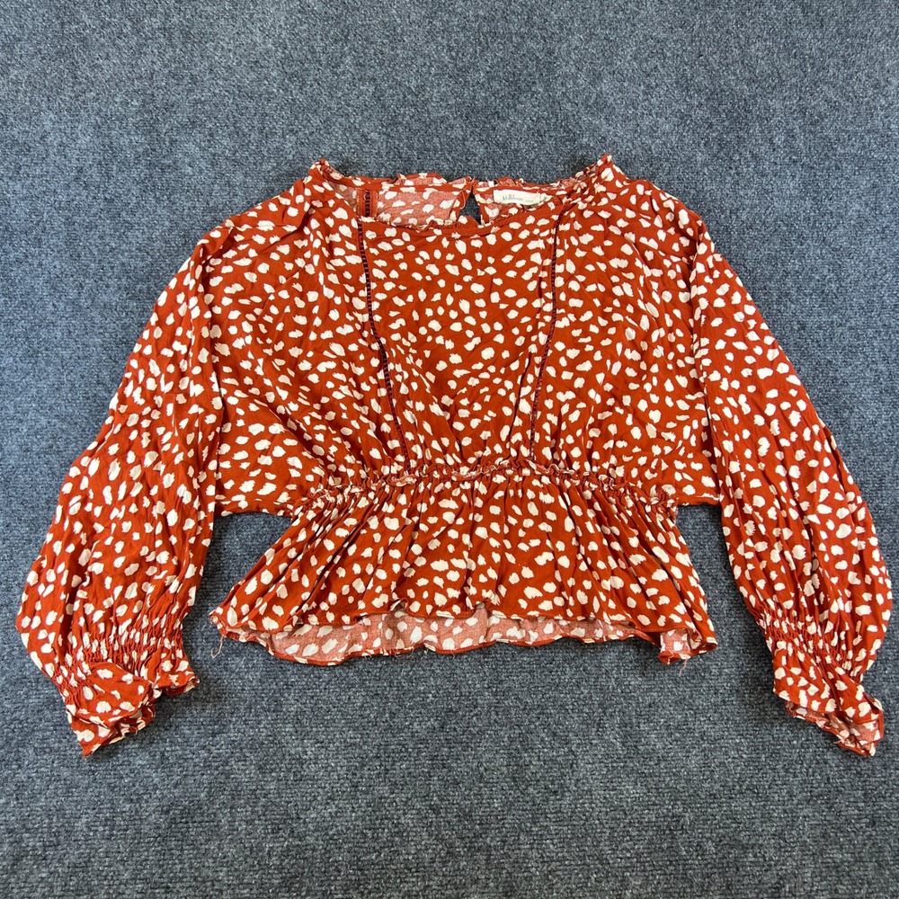 Millibon USA Rust Orange White Abstract‎ Dot Peplum Blouse Smocked Cuff Large